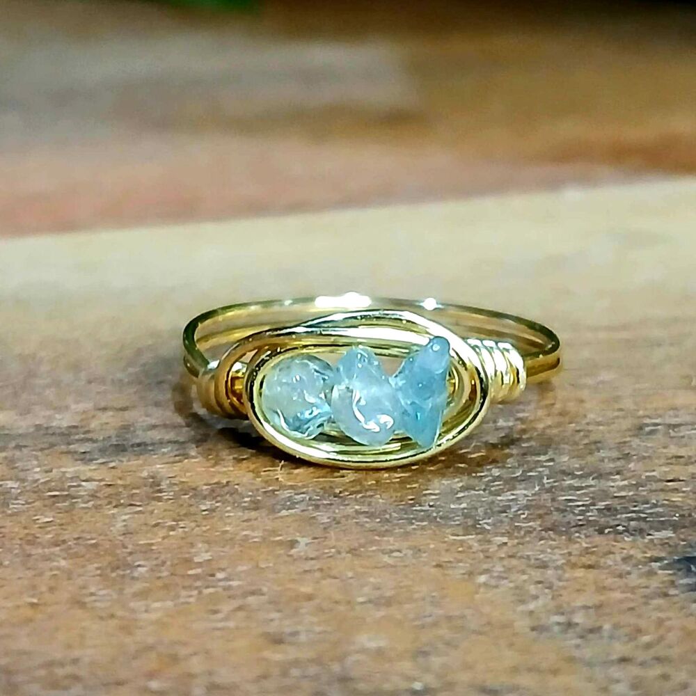 Minimalist Blue Apatite Crystal Beaded Ring, Wire Wrapped, Gold Size 9.5